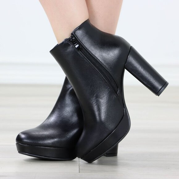 Black Faux Leather Ankle Boots Side Zipper Platform High Heels - Picture 15 of 15